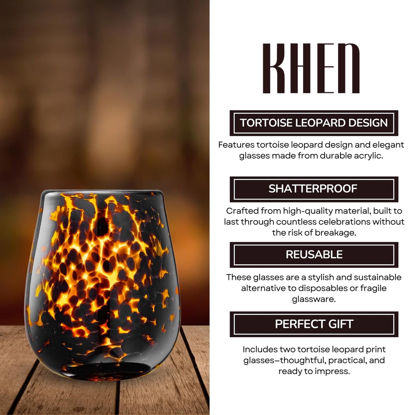 Leopard Print Amber Colored Stemless Wine Glass | Set of 2