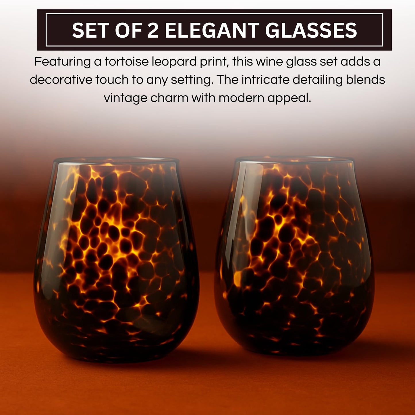 Leopard Print Amber Colored Stemless Wine Glass | Set of 2