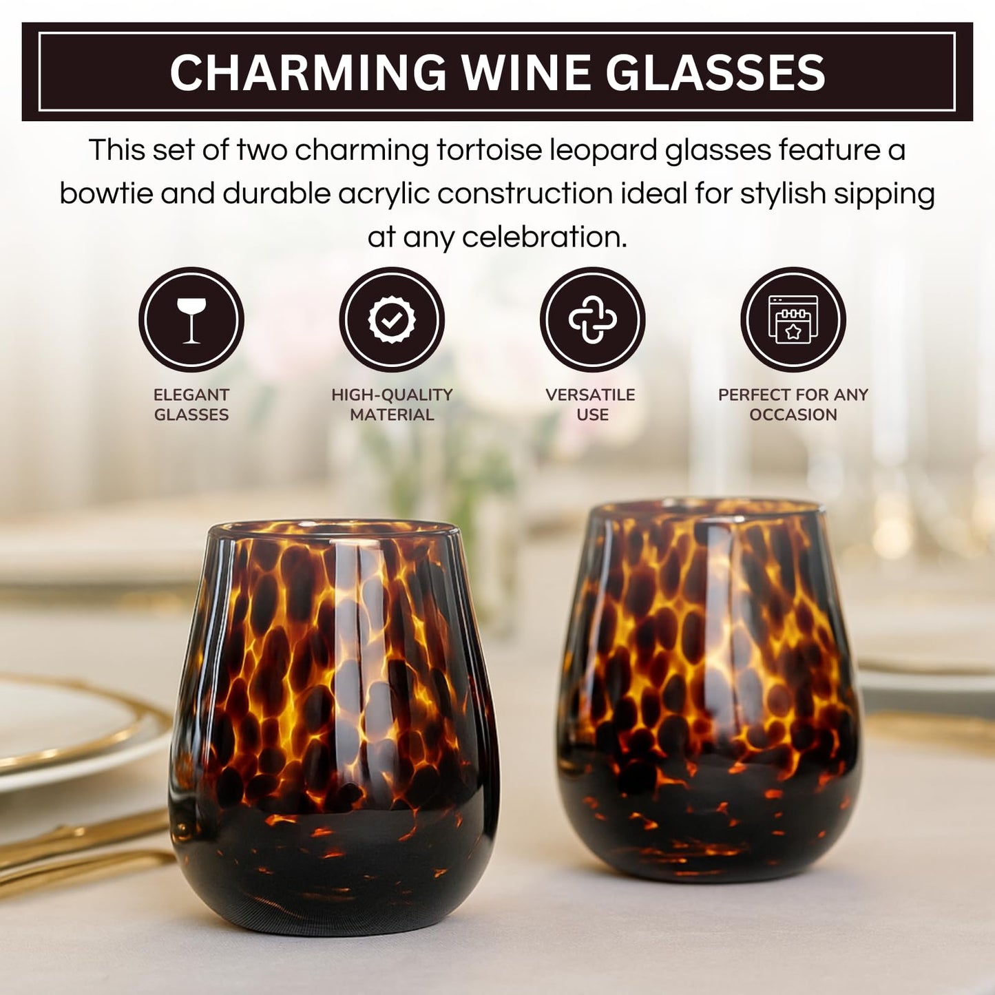 Leopard Print Amber Colored Stemless Wine Glass | Set of 2