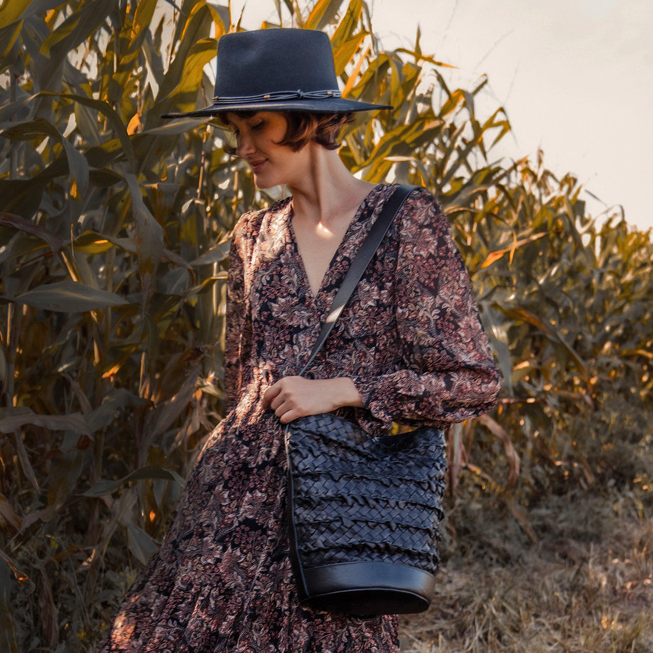 Emery Woven Leather Shoulder Bag - Black