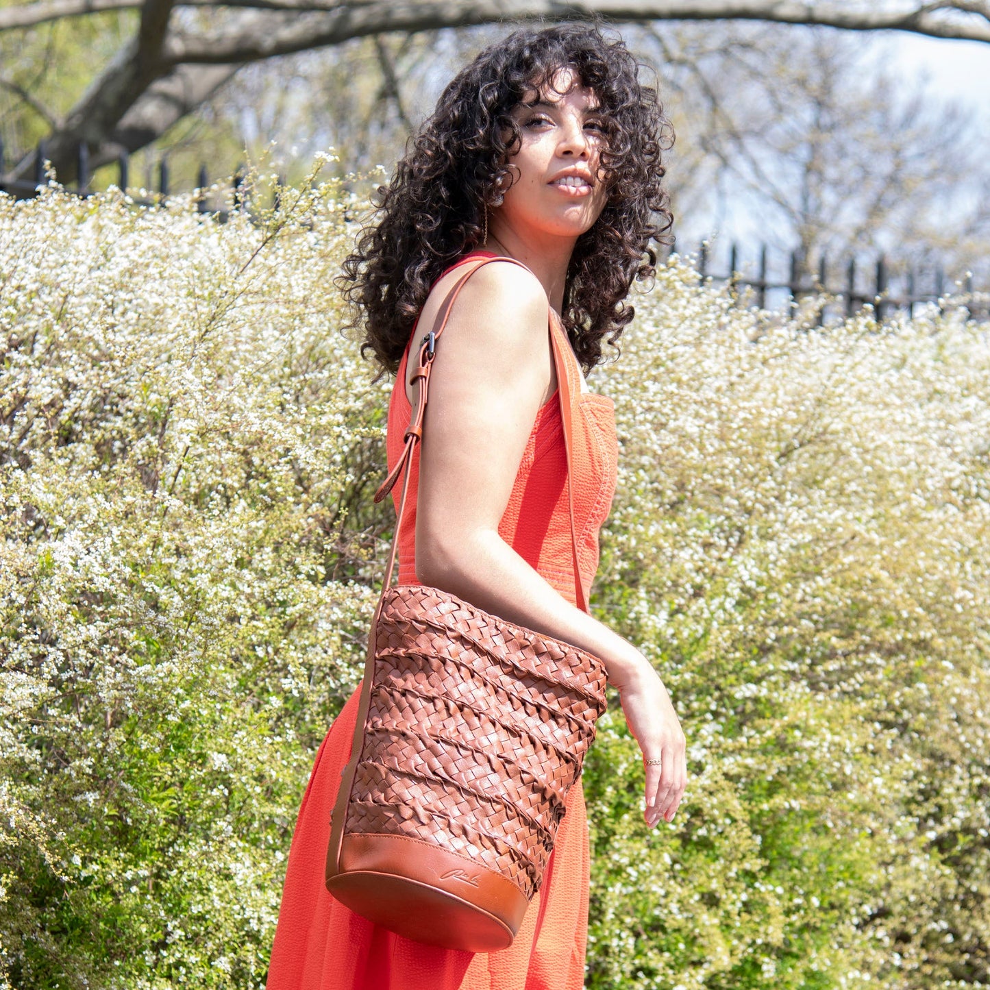 Emery Woven Leather Shoulder Bag - Chestnut