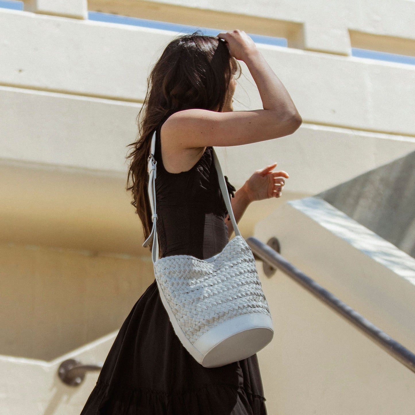 Emery Woven Leather Shoulder Bag - Stone