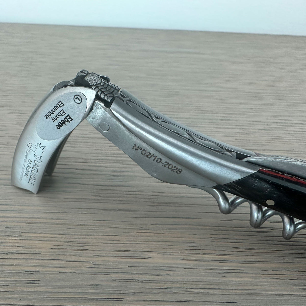 Handcrafted Limited Edition Numbered Sommelier Waiter's Corkscrew with Ebony Wood Handle and Red Inlay by Laguiole en Aubrac