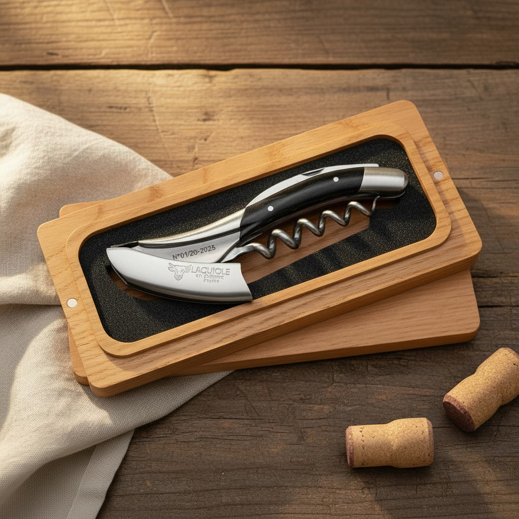 Handcrafted Limited Edition Numbered Sommelier Waiter's Corkscrew with Ebony Wood Handle and Red Inlay by Laguiole en Aubrac