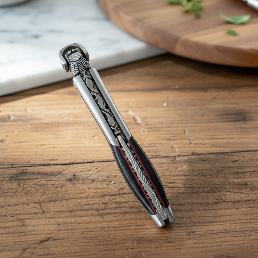 Handcrafted Limited Edition Numbered Sommelier Waiter's Corkscrew with Ebony Wood Handle and Red Inlay by Laguiole en Aubrac